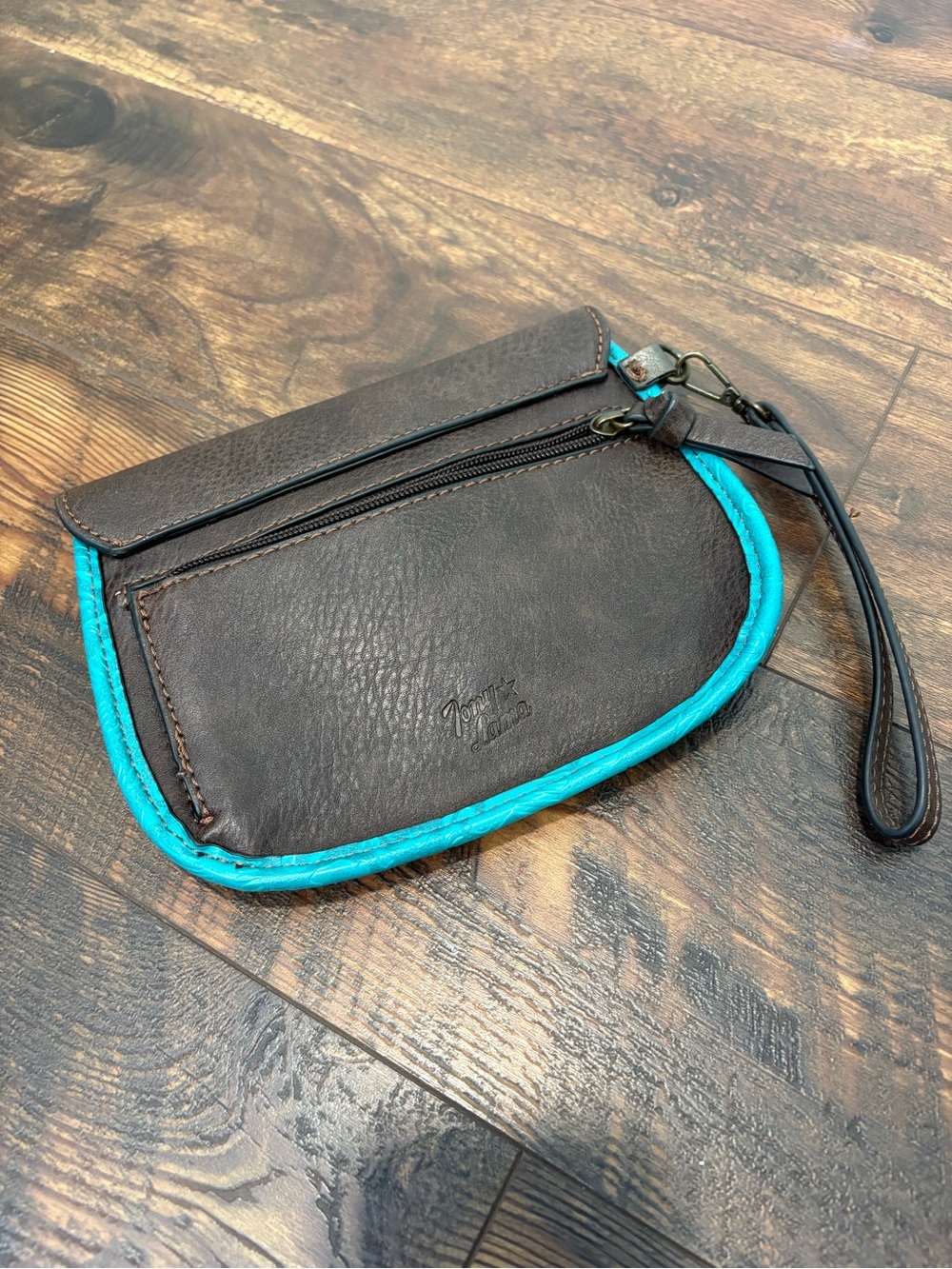 Tony Lama Turquoise and Brown Tooled Leather Floral Embossed Wristlet Clutch - Picture 2 of 4
